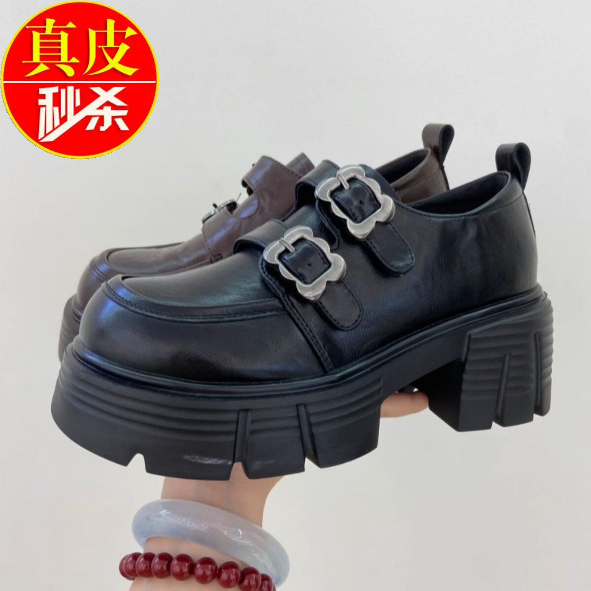 新款厚底小皮鞋女春季粗跟乐福鞋