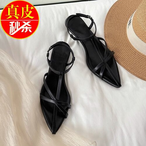 真皮复古十字细带罗马尖头凉鞋女
