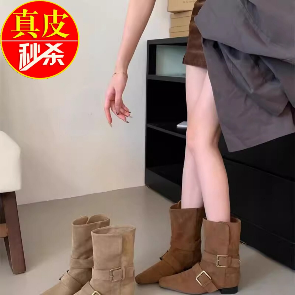 软皮版!英伦风短靴女2025年秋冬季新款皮带扣复古百搭小方头裸靴