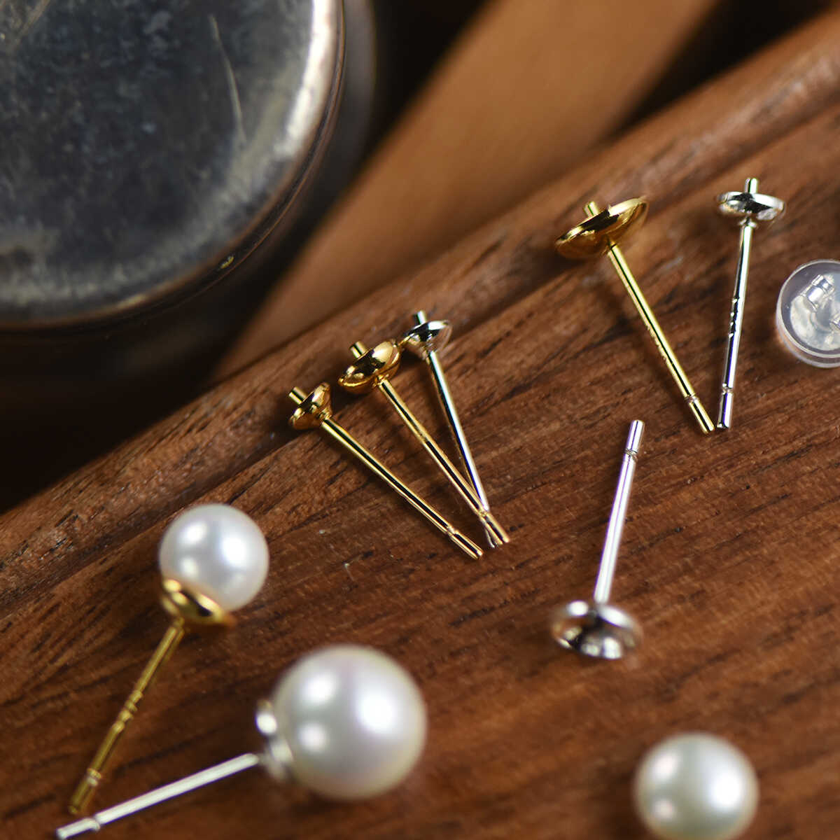 925银镀金珍珠耳钉托不掉色