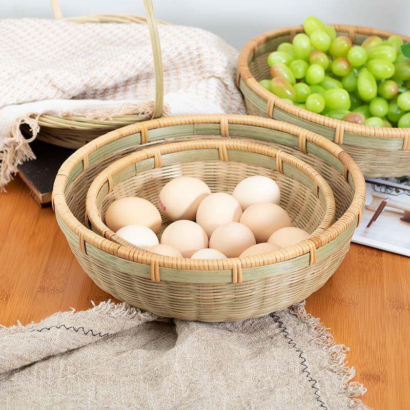 竹青编织馒头筐竹编制品藤条收口收纳筐客厅水果篮圆簸箕鸡蛋竹筐