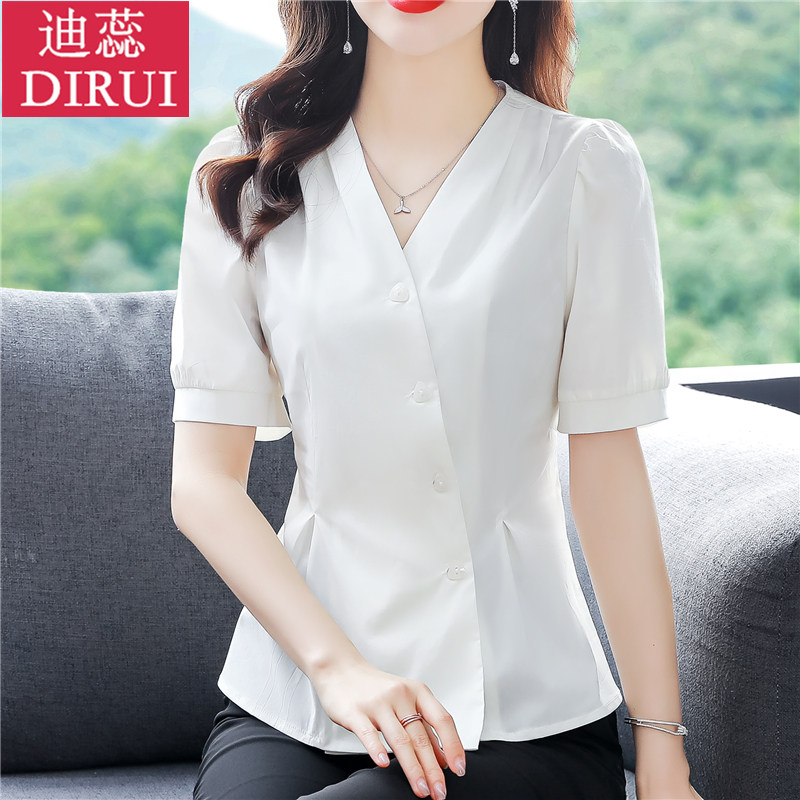 2023夏装新款气质V领收腰显瘦纯色雪纺衫女短袖韩版百搭减龄上衣