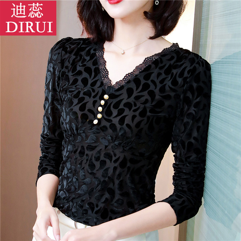 金丝绒薄款t恤女长袖春秋季蕾丝时尚女士上衣v领百搭外穿打底衫