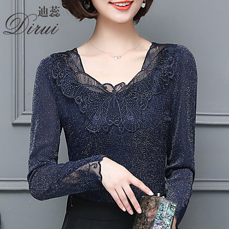 蕾丝打底衫长袖女大码T恤2020早春秋新款网纱百搭外穿内搭上衣潮