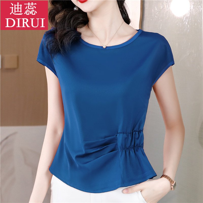 2023夏装新款气质短袖女收腰显瘦大码外穿雪纺衫纯色减龄韩版上衣