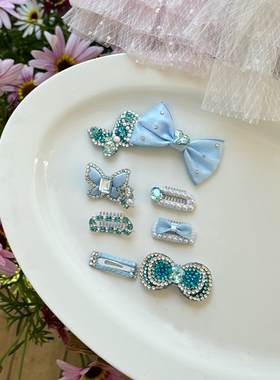 宠物蓝色系蝴蝶满钻发夹蝴蝶结发夹碎发饰品猫咪头饰比熊