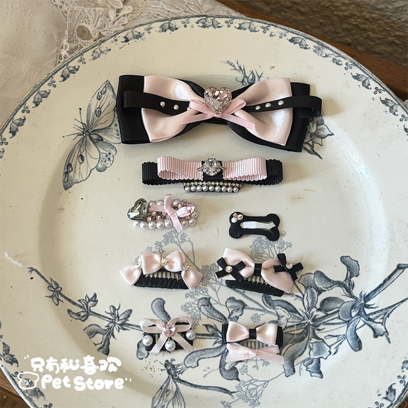 宠物手工发夹黑粉色甜美系列小体狗狗可爱发夹发饰约克夏西施小马
