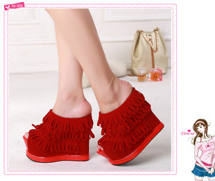 厚底凉鞋2026新款夜店时尚流苏女鞋超高跟坡跟内增高鱼嘴凉拖鞋潮