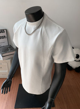 GTLA线上商店GATL韩版穿搭正肩美式短袖复古小领螺纹拼接T恤衫男