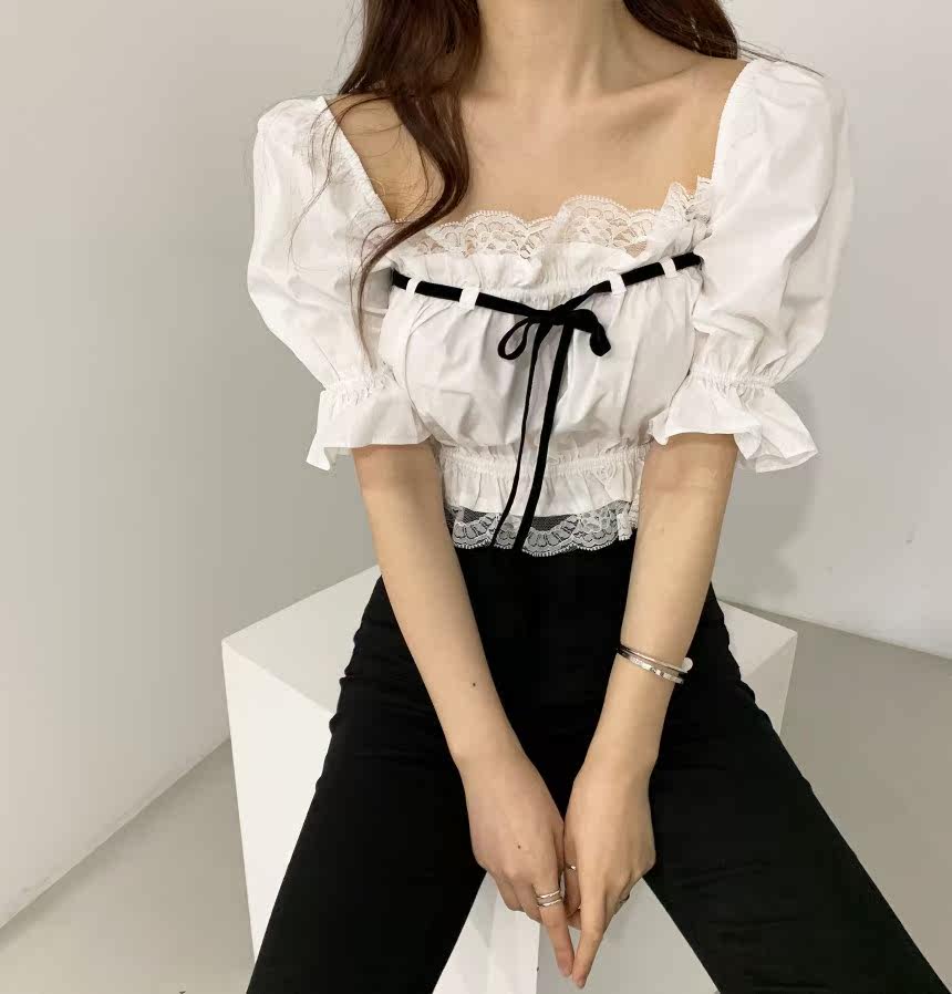 仙女洛丽塔重工类似拼接抽绳减龄黑白泡泡袖花边减龄娃娃衫|msdalam kategori Butik wanita / wanita, shirt - dari Buy2taobao.com untuk memberikan perkhidmatan ejen Taobao profesional membeli