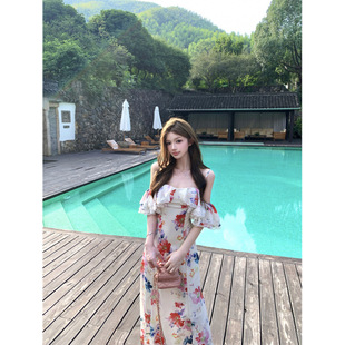 2025粉黛花墙泼墨式撞色花卉长短款碎花荷叶吊带连衣裙春夏旅游裙