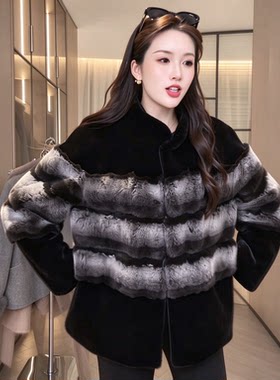 立领仿水貂皮草外套女秋冬氛围感拼色皮毛一体中长款大衣毛毛冬装