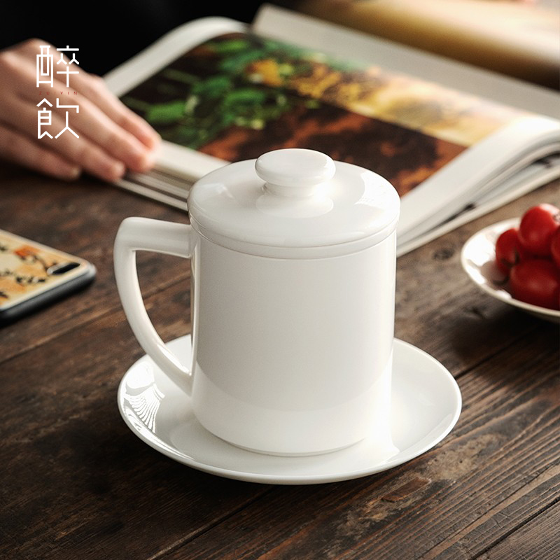 羊脂玉大容量陶瓷泡茶杯带盖过滤茶杯办公室茶水分离杯日式水杯