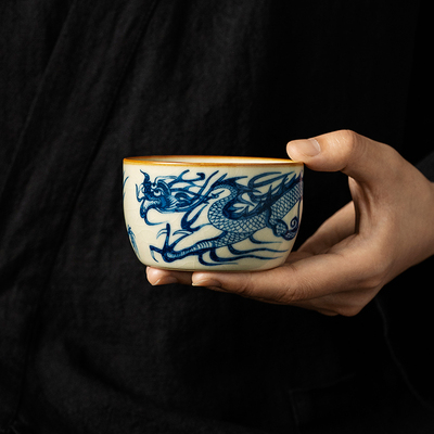 汝窑茶杯青花龙纹主人个专用