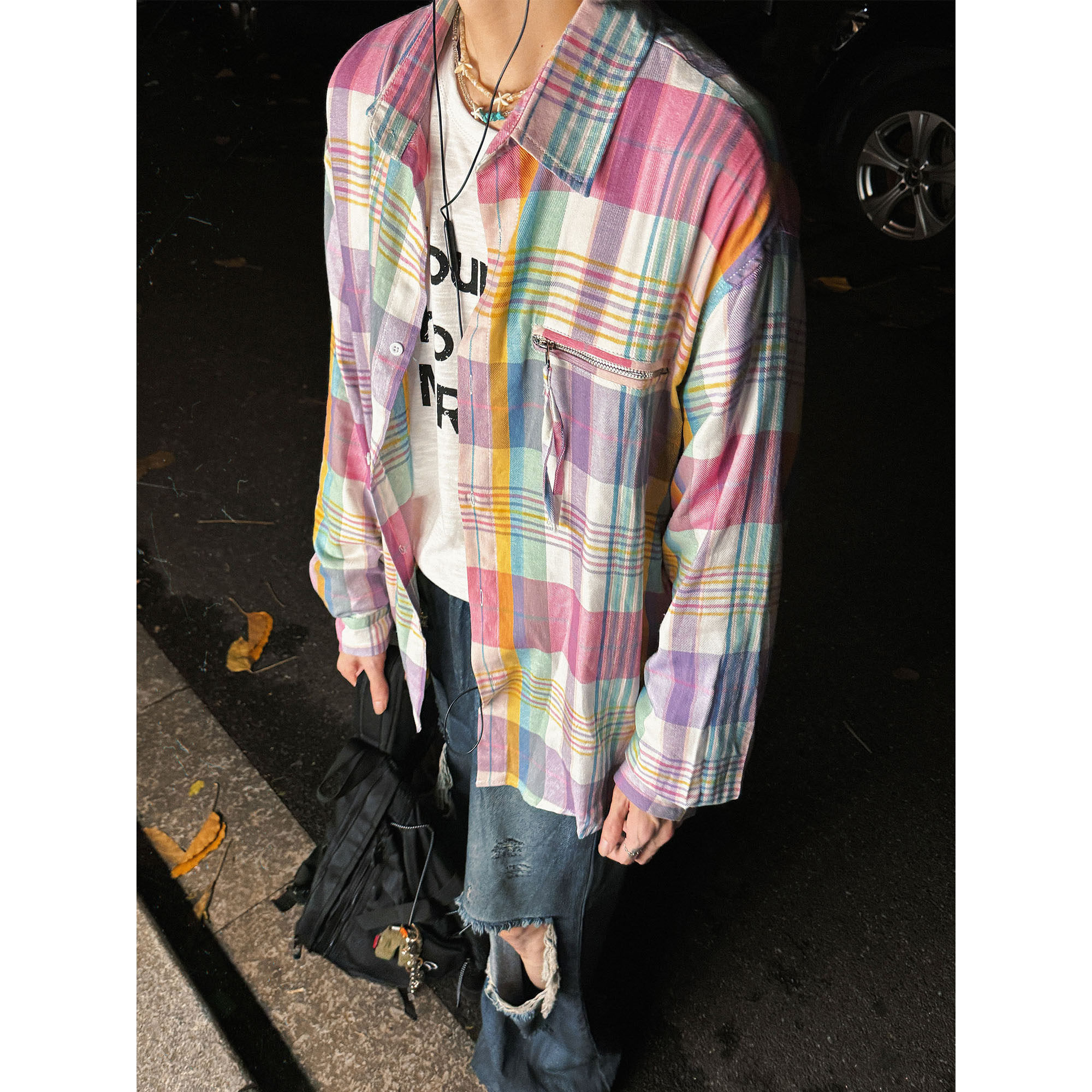 雀斑男装 美式彩虹色格子衬衫男衬衫