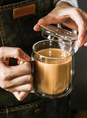 双层隔热玻璃杯喝水咖啡杯创意透明带把有盖茶杯家用水杯子口杯