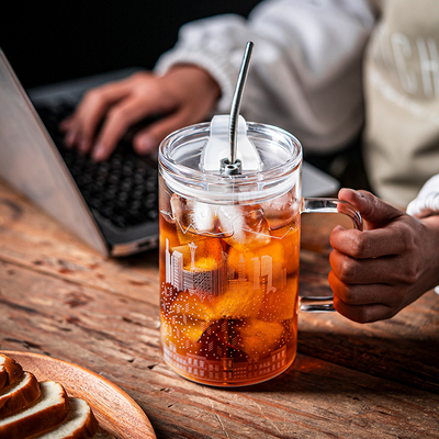1000ml水杯女生大容量ins风把手玻璃杯带盖家用防爆耐高温吸管杯