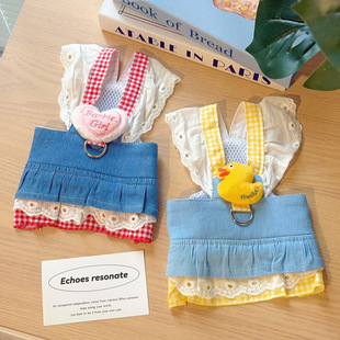 春秋款宠物牛仔胸背猫咪狗狗衣服公主裙卡通牵引裙约克夏比熊泰迪