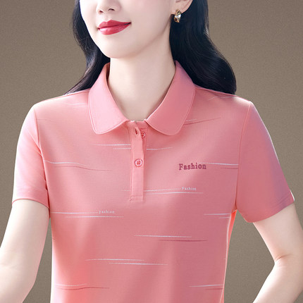 气质翻领polo衫女夏季时尚妈妈休闲百搭正肩上衣中年妇女短袖t恤