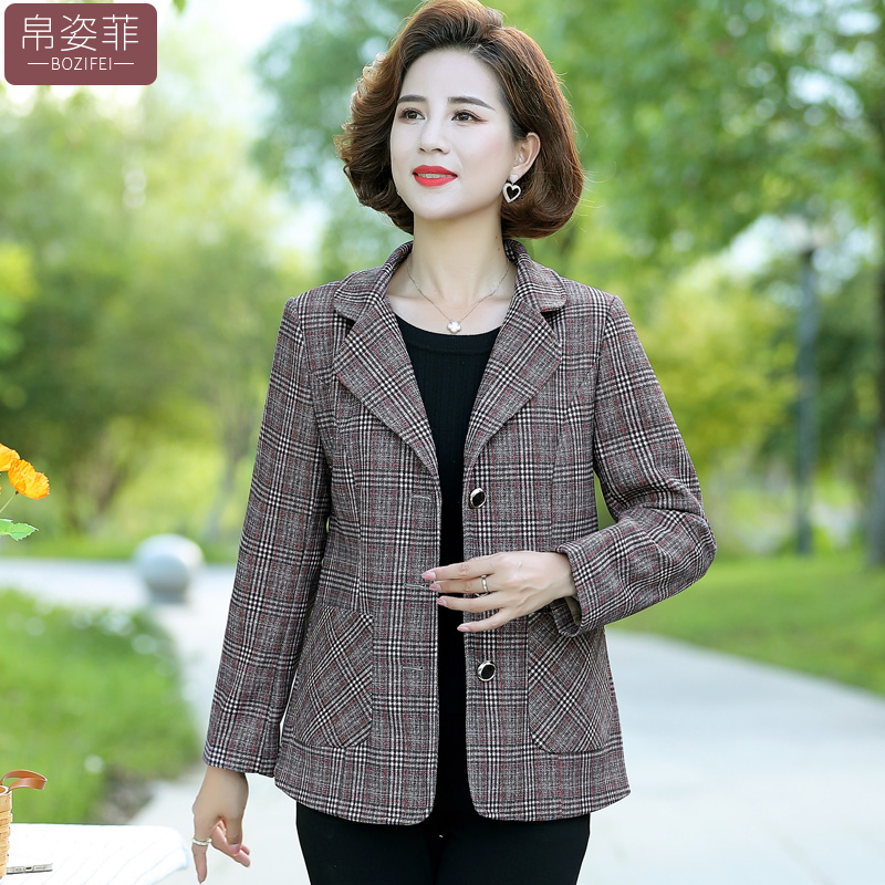 妈妈西装外套女中年秋装短款格子西服上衣时尚洋气中