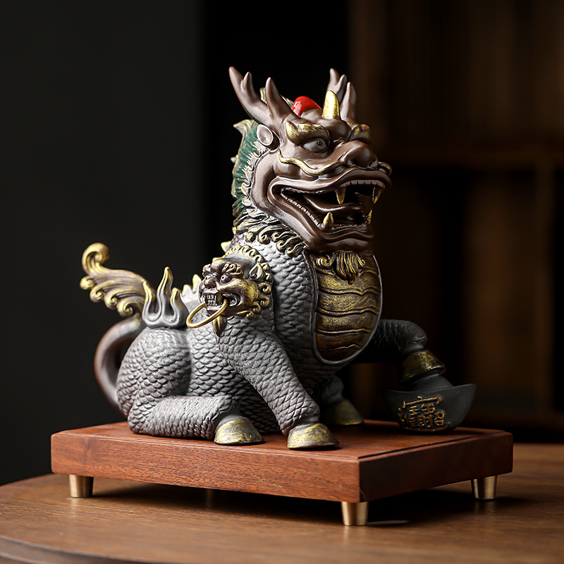 招财麒麟摆件一对玄关电视酒柜陶瓷装饰品新中式家居客厅摆设