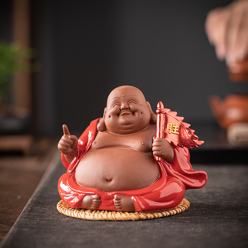 创意紫砂招财弥勒佛摆件新中式博古架桌面家居装饰品吉祥物工艺品