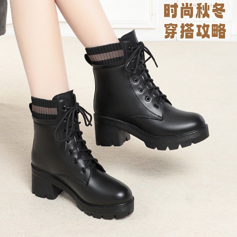 蜘蛛王马丁靴女秋冬季系带中跟厚底短靴真皮加绒保暖粗跟女靴防滑