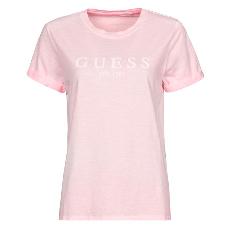 GUESS粉色潮流翻边T恤女性百搭简约春夏时尚休闲女装