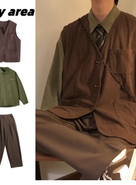 春秋季日系三件套复古棕色灯芯绒马甲男女学院风无袖叠穿开衫背心