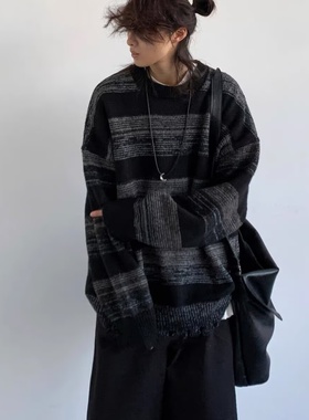 秋冬季日系复古黑色条纹毛衣男女潮流下摆破洞宽松休闲套头针织衫