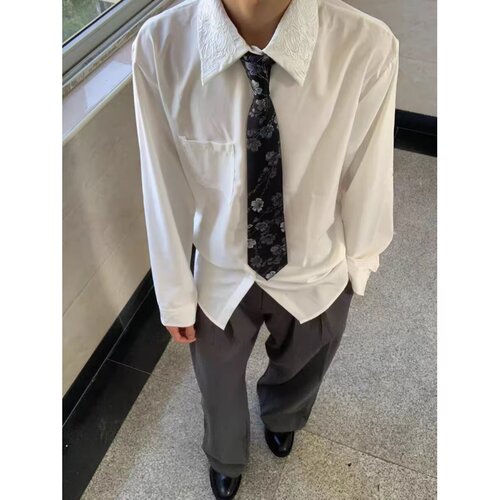 春秋季美式永生花刺绣提花衣领白色衬衫男女高级感内搭叠穿衬衣