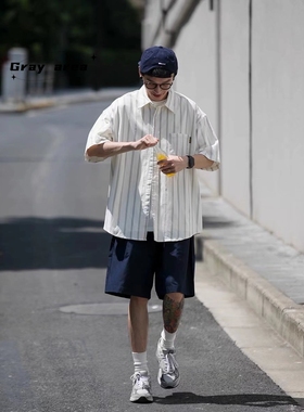 日系复古cityboy白色条纹短袖衬衫男女盐系廓形宽松半袖衬衣外套