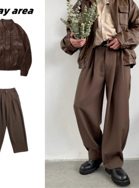 春秋日系套装复古纯色西裤男女款免烫宽松港风休闲松紧腰西装长裤