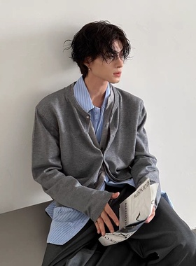 春秋日系复古假两件拼接针织衫男女宽松休闲百搭长袖短款毛衣外套