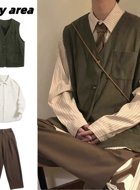 （马甲衬衫西裤）日系复古条纹长袖衬衫男女春秋季学院风叠穿衬衣