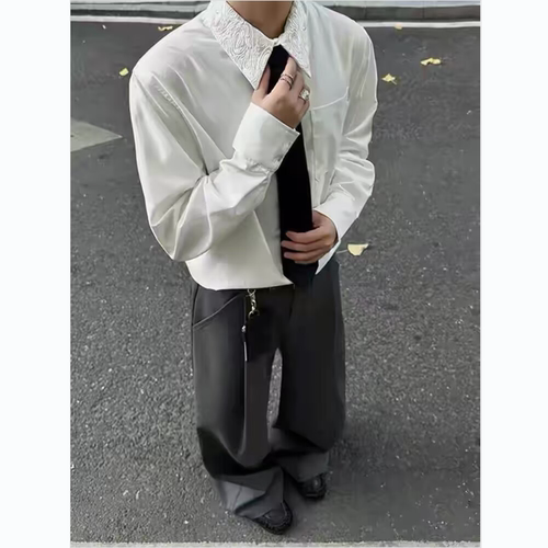 春秋日系简约衣领提花白色衬衫男女高级感小众休闲内搭长袖衬衣