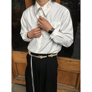 美式 男女春秋cleanfit高级感学院商务衬衣潮 复古白色刺绣花领衬衫