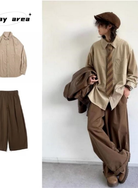 春秋日系套装复古港风条纹衬衣男女学院风宽松休闲灯芯绒长袖衬衫