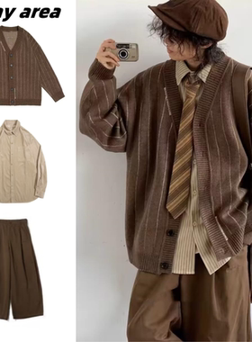 秋冬季套装日系复古竖条纹毛衣男女学院风V领纽扣开衫针织衫外套