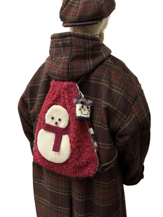 Mirenbu迷人布冬季雪人抽绳包 双面 双肩斜挎两用包包 毛绒 圣诞