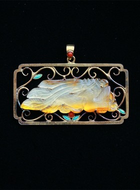 【 独一再无二】建国初期925银镀金嵌天然随型冰糖玛瑙配松石吊坠