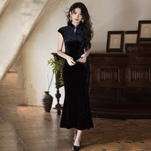 女复古修身 鱼尾黑色丝绒国风中式 旗袍改良年轻款 无袖 收腰礼服 秋季