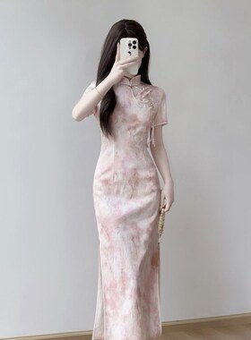 旗袍2025新款日常改良新中式夏季粉色连衣裙修身少女年轻款连衣裙