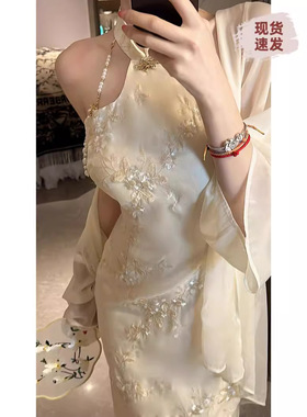 新中式改良旗袍裙女大码胖MM绝美刺绣提花连衣裙夏季收腰国风长裙