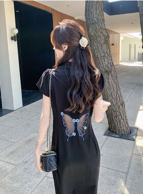 气质古典蝴蝶后腰镂空国风旗袍连衣裙女2025夏新中式开叉下摆裙子