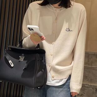 学院风韩系刺绣长袖藏蓝色针织开衫春季新款灰色修身短款外套上衣