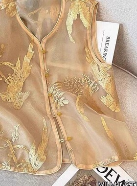 2025夏季新中式马甲女显贵气质金黄色薄纱刺绣无袖复古老钱风上衣