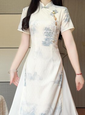 抹茶2025年春季新款高档奥黛改良旗袍米白淑女气质优雅年轻新中式