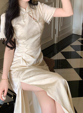 2025年夏季新款新中式国风长裙女气质显瘦开叉改良旗袍连衣裙女