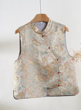 2025新中式织锦缎面提花马甲女春季新款复古改良唐装国风坎肩外搭